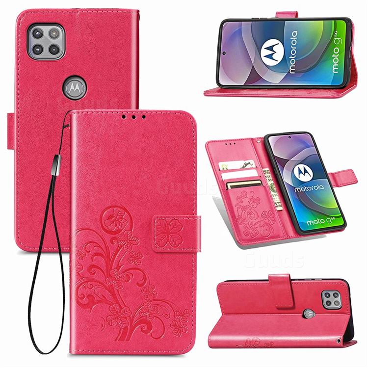 Embossing Imprint Four-Leaf Clover Leather Wallet Case for Motorola Moto G 5G - Rose Red