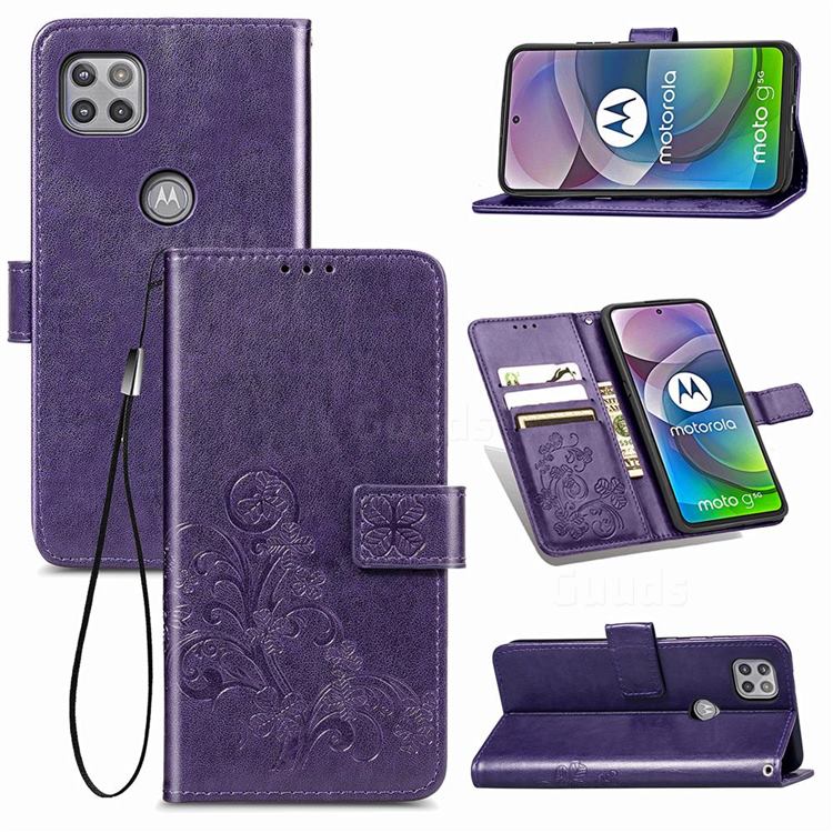 Embossing Imprint Four-Leaf Clover Leather Wallet Case for Motorola Moto G 5G - Purple