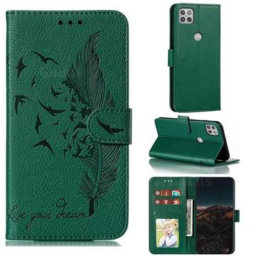 Intricate Embossing Lychee Feather Bird Leather Wallet Case for Motorola Moto G 5G - Green