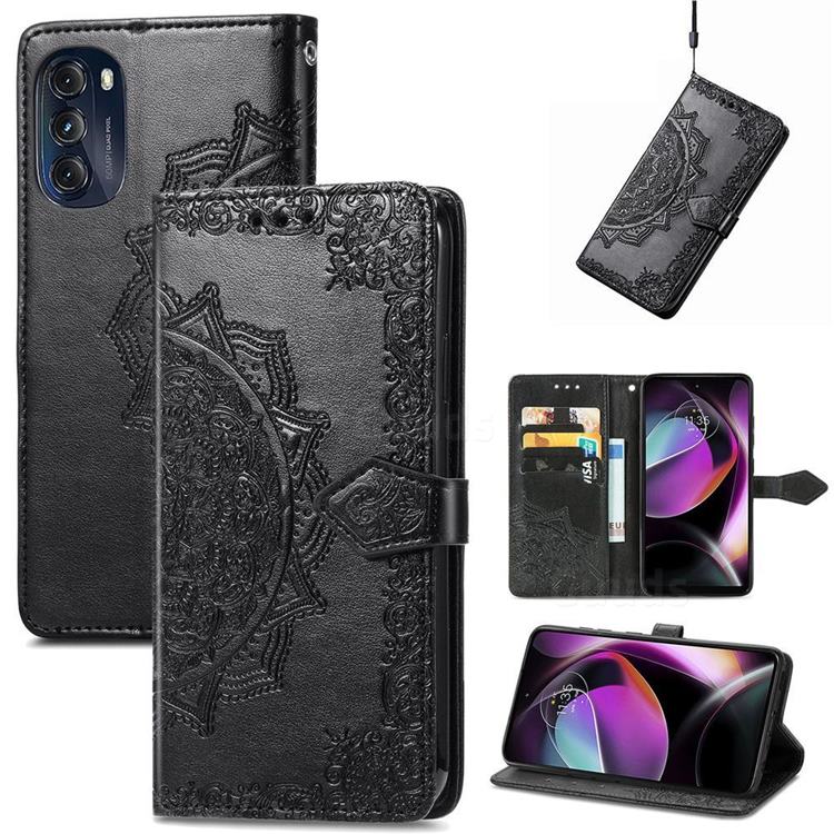 Embossing Imprint Mandala Flower Leather Wallet Case for Motorola Moto G 5G 2022 - Black