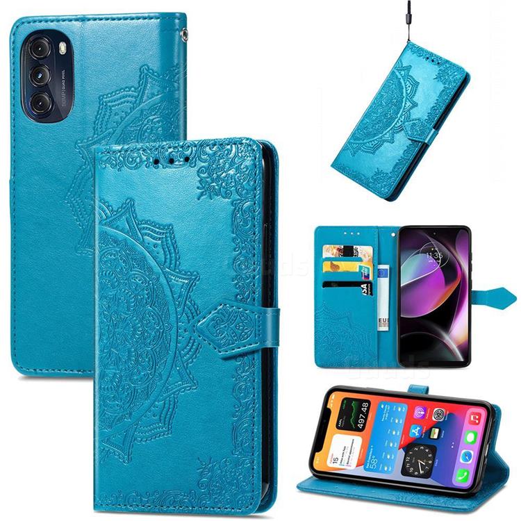 Embossing Imprint Mandala Flower Leather Wallet Case for Motorola Moto G 5G 2022 - Blue