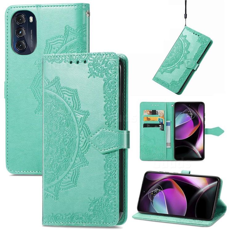Embossing Imprint Mandala Flower Leather Wallet Case for Motorola Moto G 5G 2022 - Green