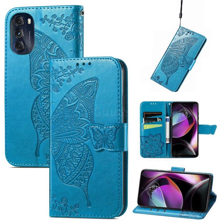 Embossing Mandala Flower Butterfly Leather Wallet Case for Motorola Moto G 5G 2022 - Blue