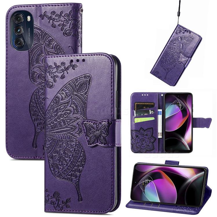 Embossing Mandala Flower Butterfly Leather Wallet Case for Motorola Moto G 5G 2022 - Dark Purple