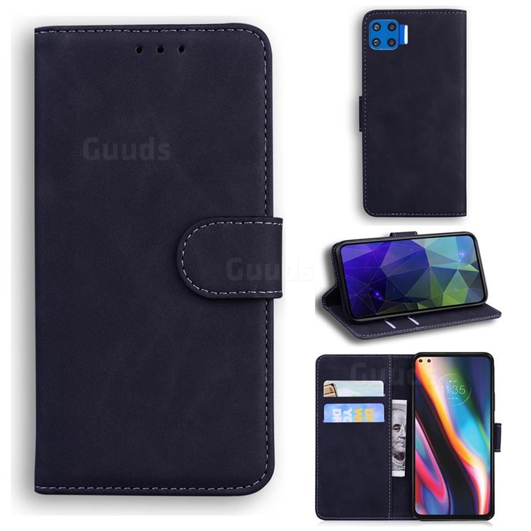 Retro Classic Skin Feel Leather Wallet Phone Case for Motorola Moto G 5G Plus - Black