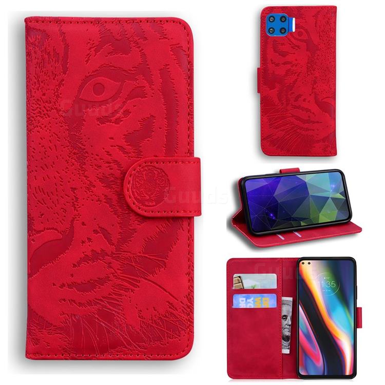 Intricate Embossing Tiger Face Leather Wallet Case for Motorola Moto G 5G Plus - Red