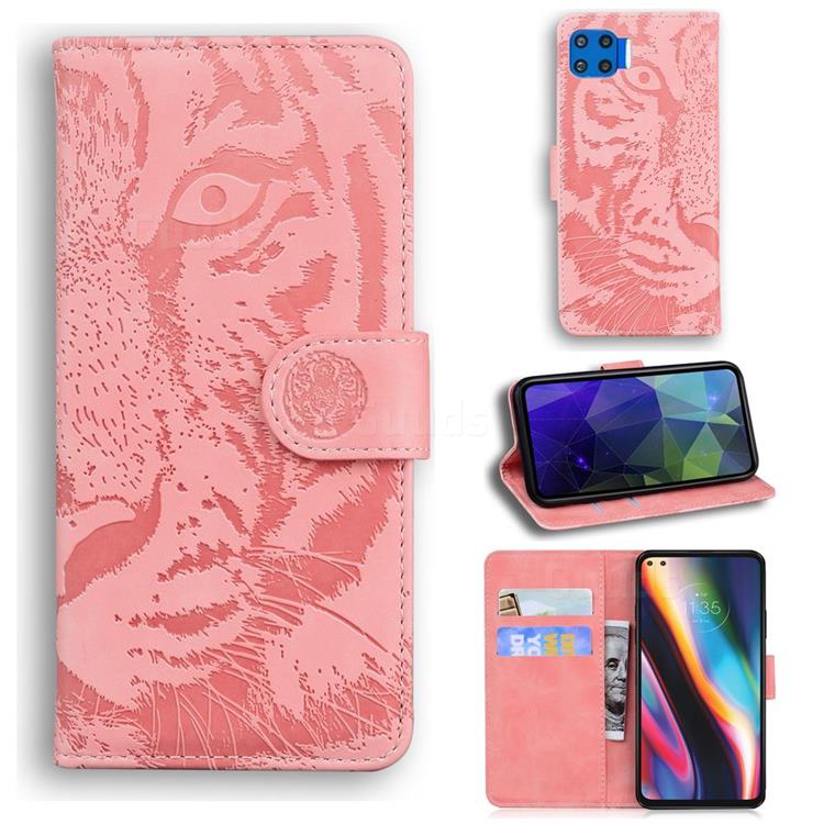 Intricate Embossing Tiger Face Leather Wallet Case for Motorola Moto G 5G Plus - Pink