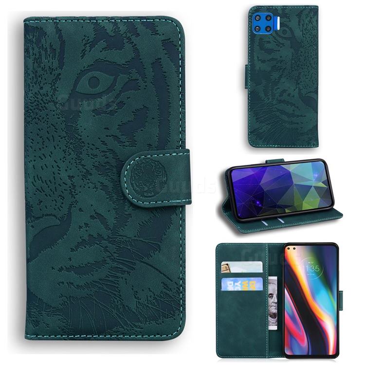 Intricate Embossing Tiger Face Leather Wallet Case for Motorola Moto G 5G Plus - Green