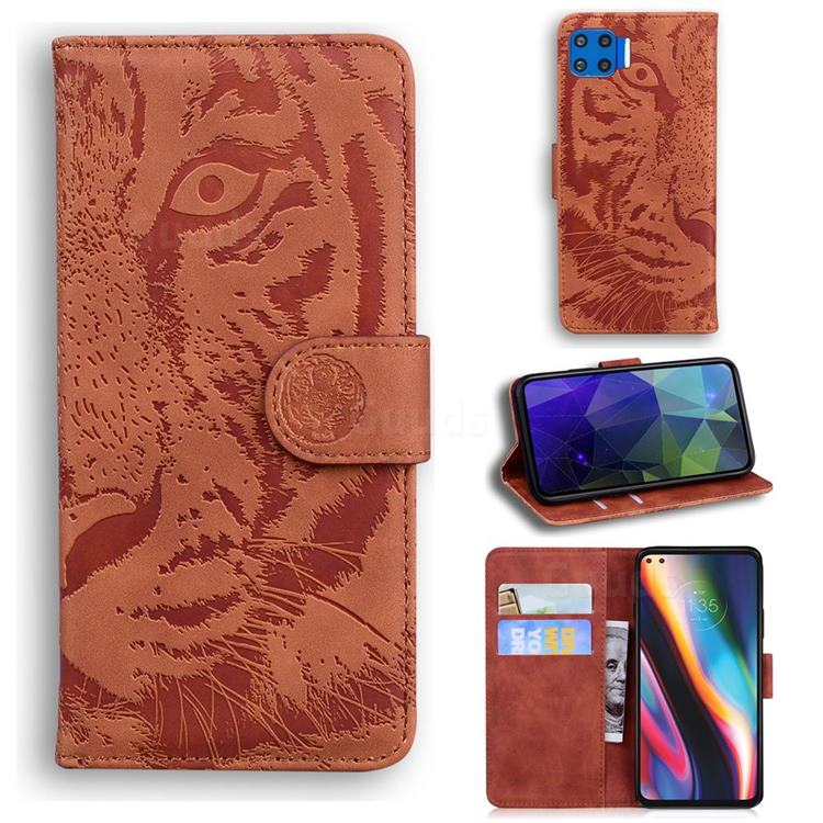 Intricate Embossing Tiger Face Leather Wallet Case for Motorola Moto G 5G Plus - Brown