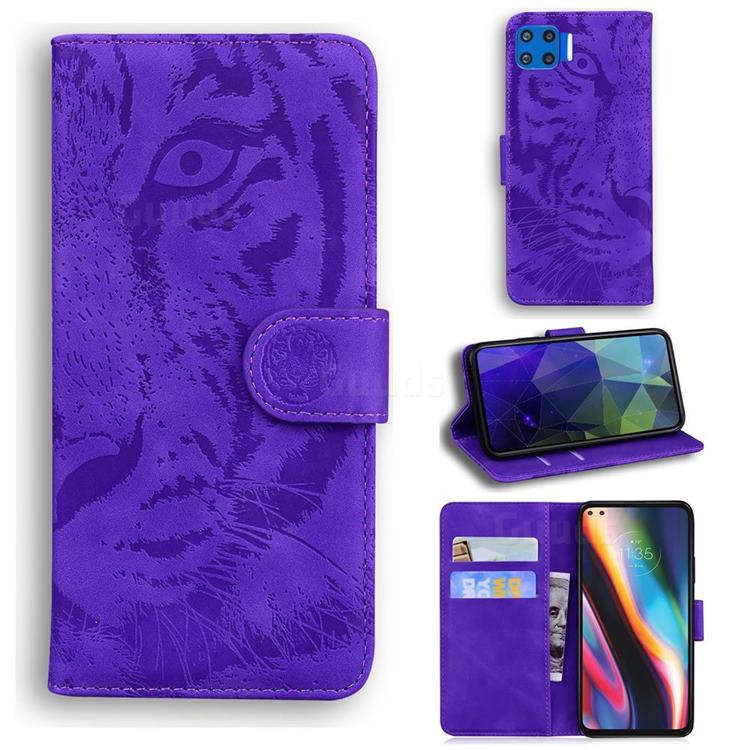 Intricate Embossing Tiger Face Leather Wallet Case for Motorola Moto G 5G Plus - Purple