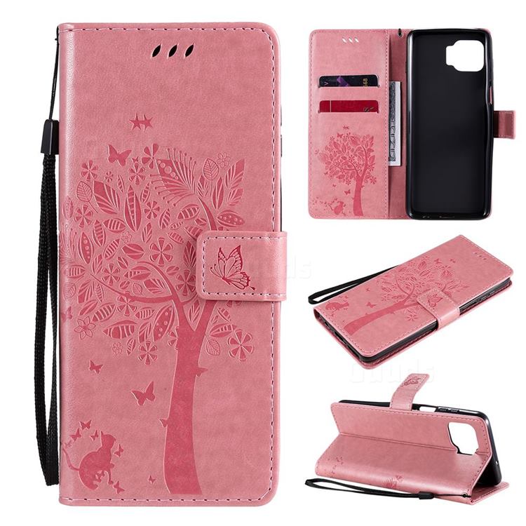 Embossing Butterfly Tree Leather Wallet Case for Motorola Moto G 5G Plus - Pink