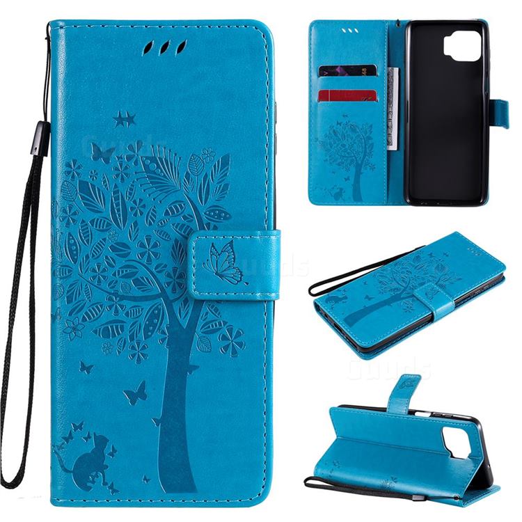 Embossing Butterfly Tree Leather Wallet Case for Motorola Moto G 5G Plus - Blue