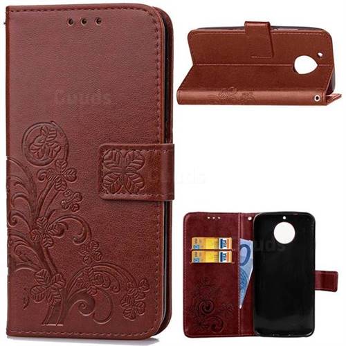 Embossing Imprint Four-Leaf Clover Leather Wallet Case for Motorola Moto G5S - Brown