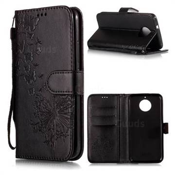 Intricate Embossing Dandelion Butterfly Leather Wallet Case for Motorola Moto G5S - Black
