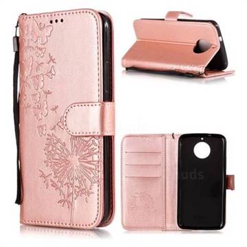 Intricate Embossing Dandelion Butterfly Leather Wallet Case for Motorola Moto G5S - Rose Gold