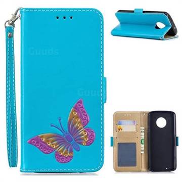 Imprint Embossing Butterfly Leather Wallet Case for Motorola Moto G6 - Sky Blue