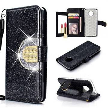 Glitter Diamond Buckle Splice Mirror Leather Wallet Phone Case for Motorola Moto G6 - Black