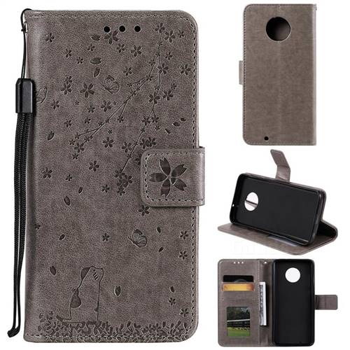 Embossing Cherry Blossom Cat Leather Wallet Case for Motorola Moto G6 - Gray