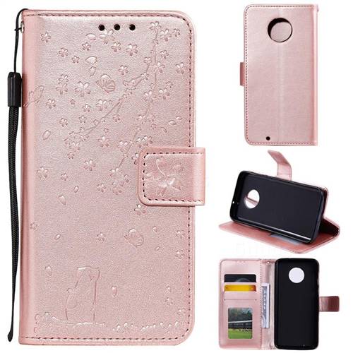 Embossing Cherry Blossom Cat Leather Wallet Case for Motorola Moto G6 - Rose Gold