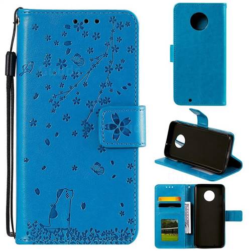 Embossing Cherry Blossom Cat Leather Wallet Case for Motorola Moto G6 - Blue