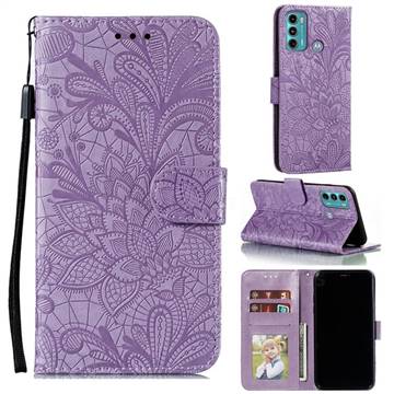 Intricate Embossing Lace Jasmine Flower Leather Wallet Case for Motorola Moto G60 - Purple