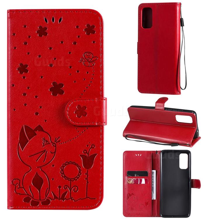 Embossing Bee and Cat Leather Wallet Case for Motorola Moto G60 - Red