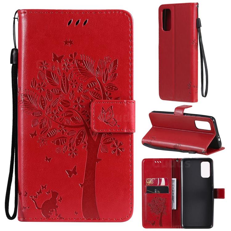 Embossing Butterfly Tree Leather Wallet Case for Motorola Moto G60 - Red