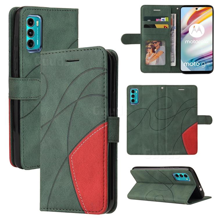Luxury Two-color Stitching Leather Wallet Case Cover for Motorola Moto G60 - Green