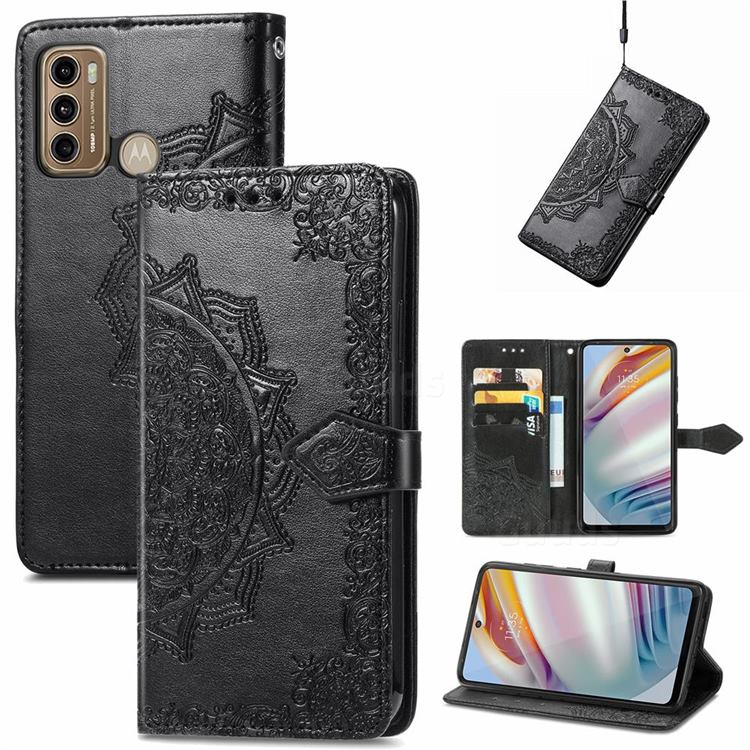 Embossing Imprint Mandala Flower Leather Wallet Case for Motorola Moto G60 - Black