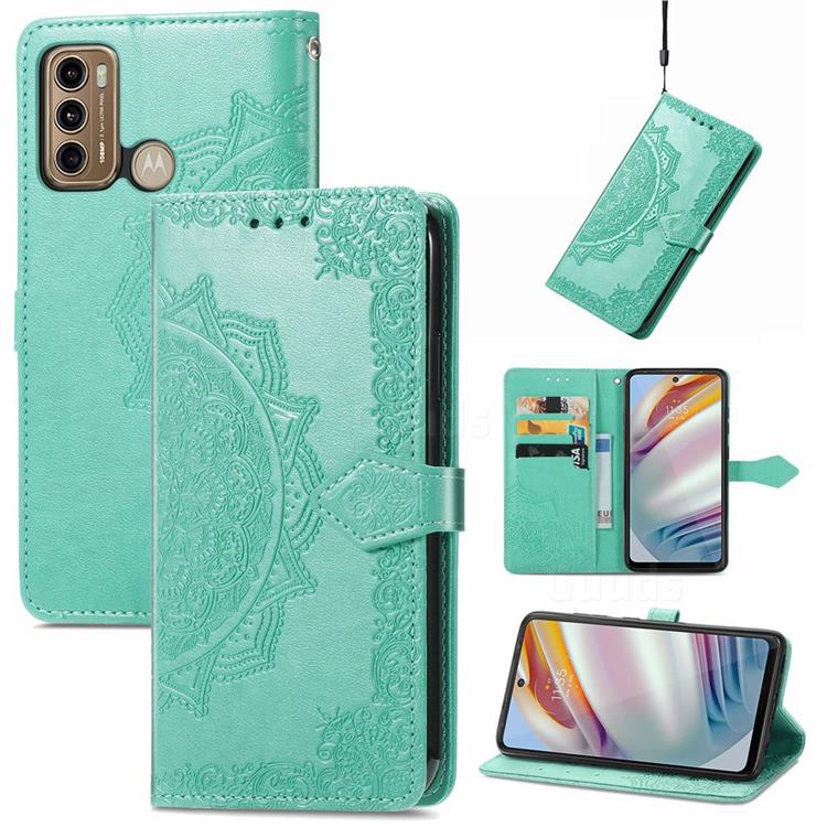 Embossing Imprint Mandala Flower Leather Wallet Case for Motorola Moto G60 - Green