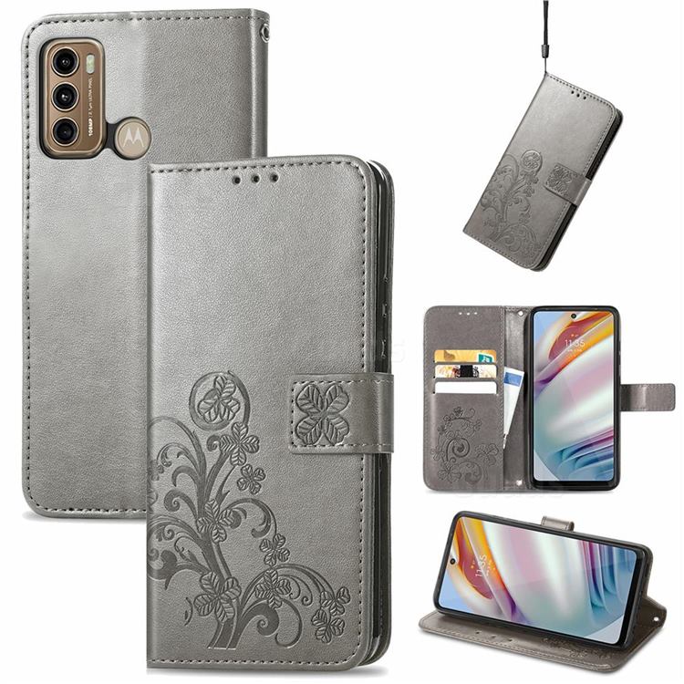 Embossing Imprint Four-Leaf Clover Leather Wallet Case for Motorola Moto G60 - Grey