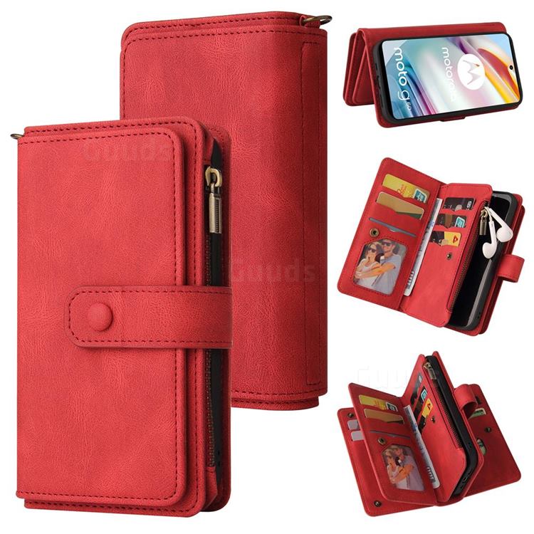 Luxury Multi-functional Zipper Wallet Leather Phone Case Cover for Motorola Moto G60 - Red