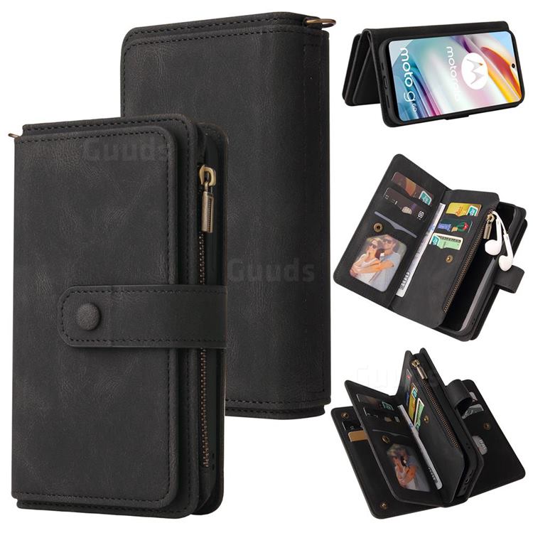 Luxury Multi-functional Zipper Wallet Leather Phone Case Cover for Motorola Moto G60 - Black
