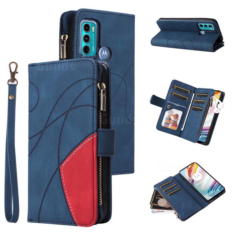 Luxury Two-color Stitching Multi-function Zipper Leather Wallet Case Cover for Motorola Moto G60 - Blue