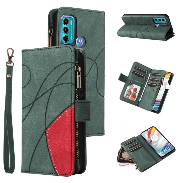 Luxury Two-color Stitching Multi-function Zipper Leather Wallet Case Cover for Motorola Moto G60 - Green