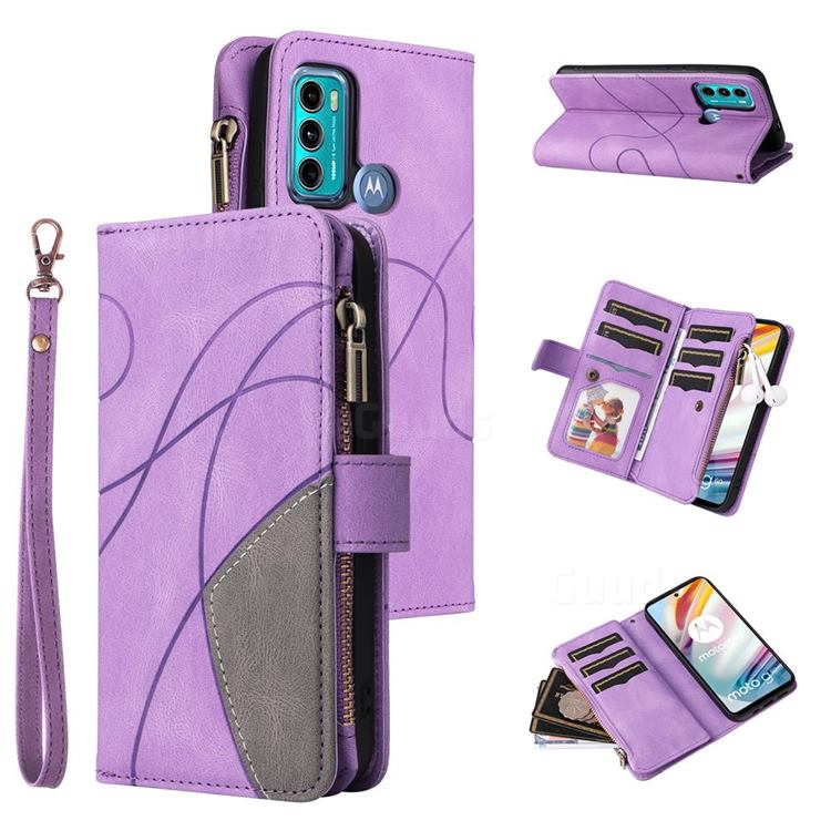 Luxury Two-color Stitching Multi-function Zipper Leather Wallet Case Cover for Motorola Moto G60 - Purple