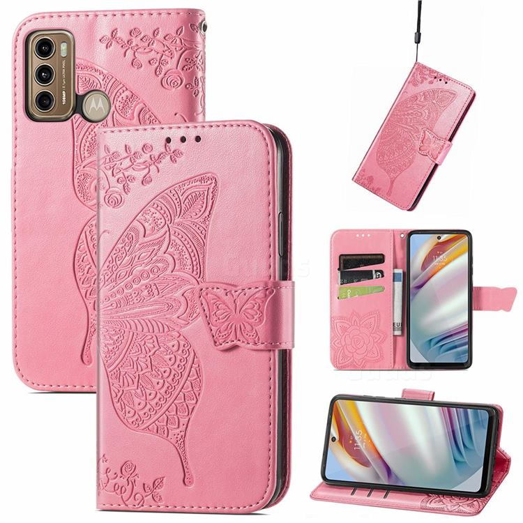Embossing Mandala Flower Butterfly Leather Wallet Case for Motorola Moto G60 - Pink