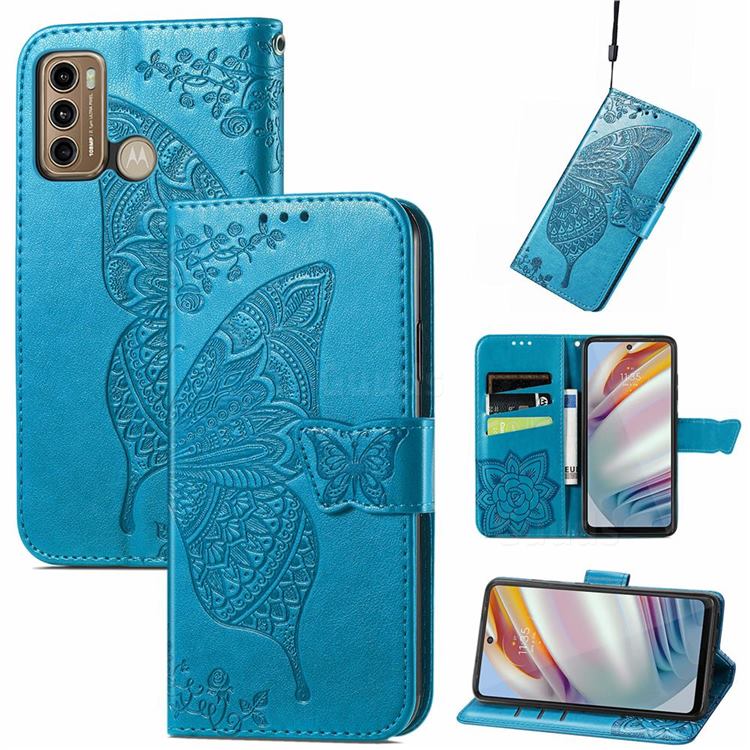 Embossing Mandala Flower Butterfly Leather Wallet Case for Motorola Moto G60 - Blue