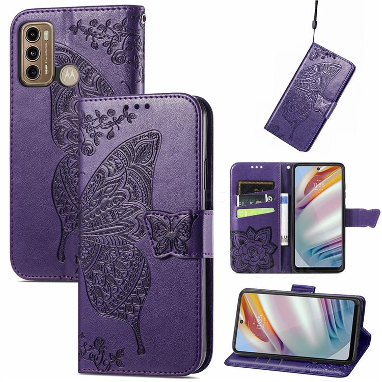 Embossing Mandala Flower Butterfly Leather Wallet Case for Motorola Moto G60 - Dark Purple