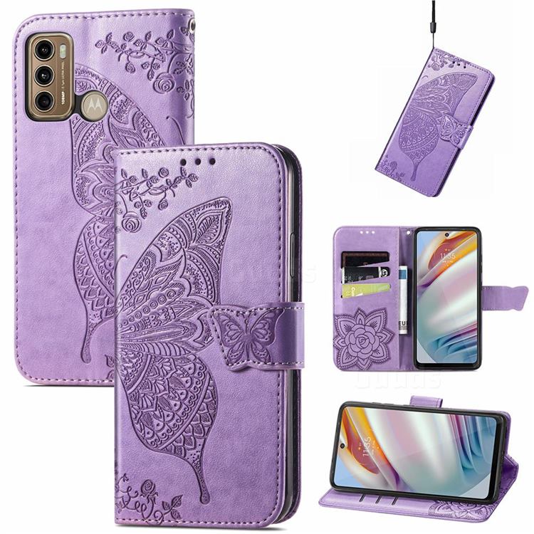 Embossing Mandala Flower Butterfly Leather Wallet Case for Motorola Moto G60 - Light Purple