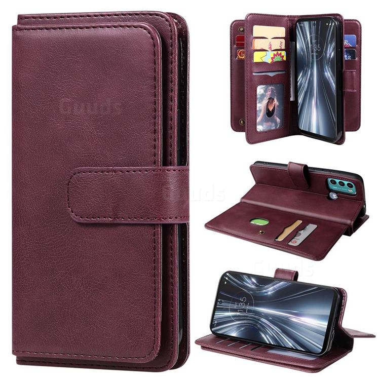 Multi-function Ten Card Slots and Photo Frame PU Leather Wallet Phone Case Cover for Motorola Moto G60 - Claret