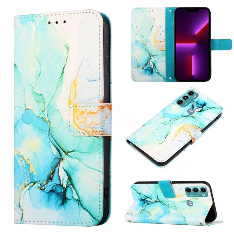 Green Illusion Marble Leather Wallet Protective Case for Motorola Moto G60