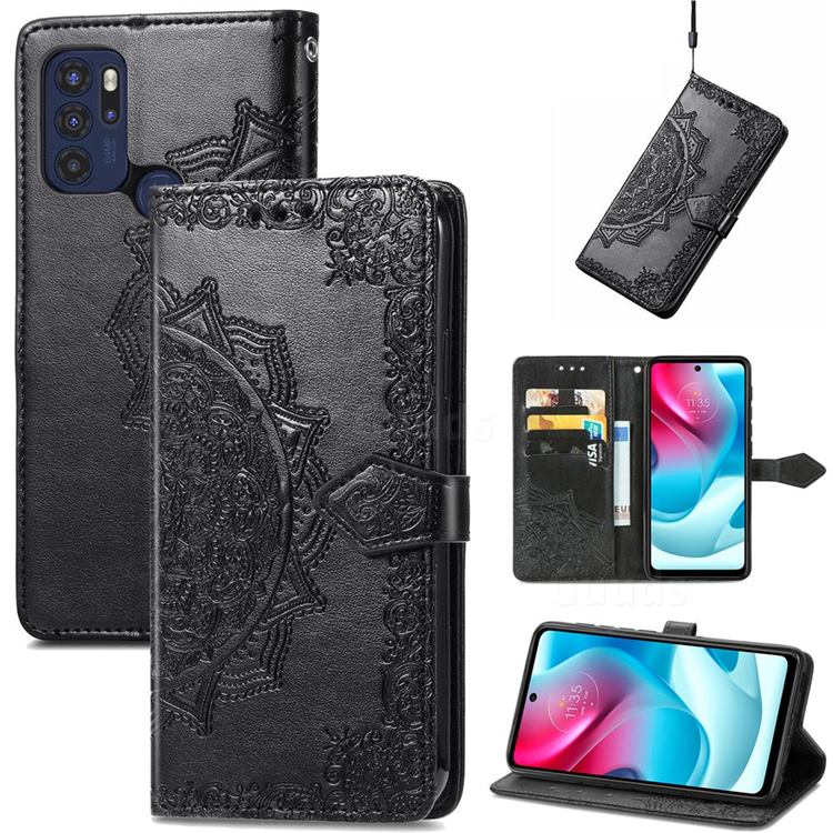 Embossing Imprint Mandala Flower Leather Wallet Case for Motorola Moto G60S - Black