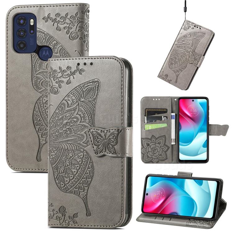Embossing Mandala Flower Butterfly Leather Wallet Case for Motorola Moto G60S - Gray