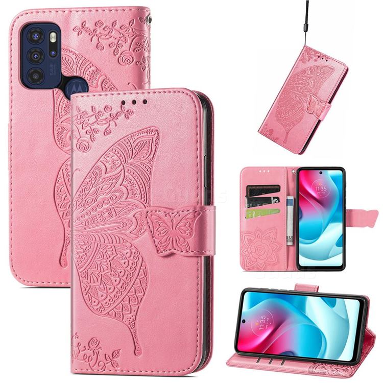 Embossing Mandala Flower Butterfly Leather Wallet Case for Motorola Moto G60S - Pink