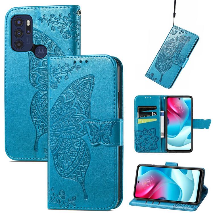 Embossing Mandala Flower Butterfly Leather Wallet Case for Motorola Moto G60S - Blue