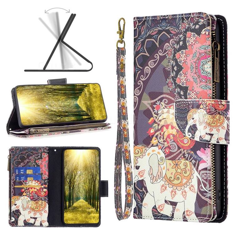 Totem Flower Elephant Binfen Color BF03 Retro Zipper Leather Wallet Phone Case for Motorola Moto G62 5G