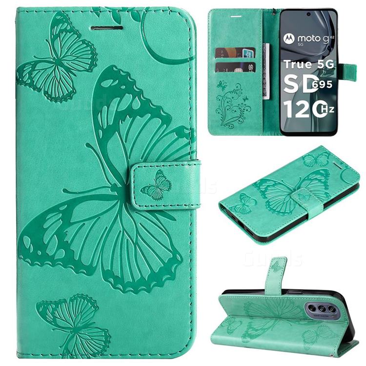 Embossing 3D Butterfly Leather Wallet Case for Motorola Moto G62 5G - Green