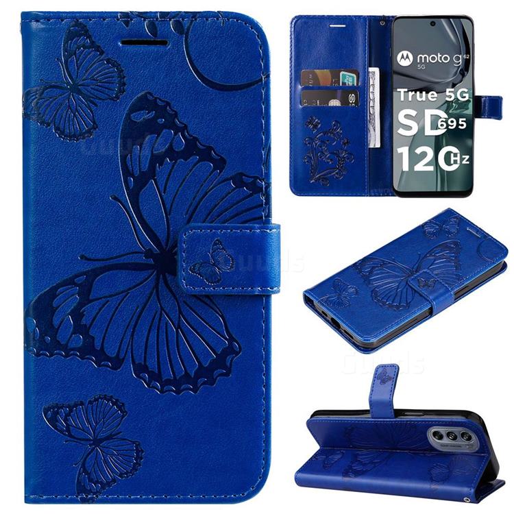 Embossing 3D Butterfly Leather Wallet Case for Motorola Moto G62 5G - Blue