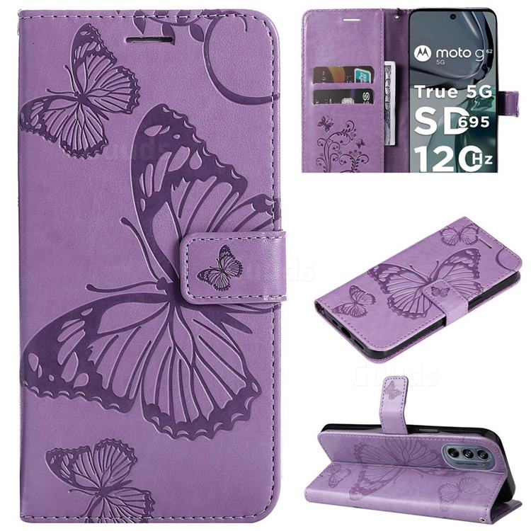 Embossing 3D Butterfly Leather Wallet Case for Motorola Moto G62 5G - Purple